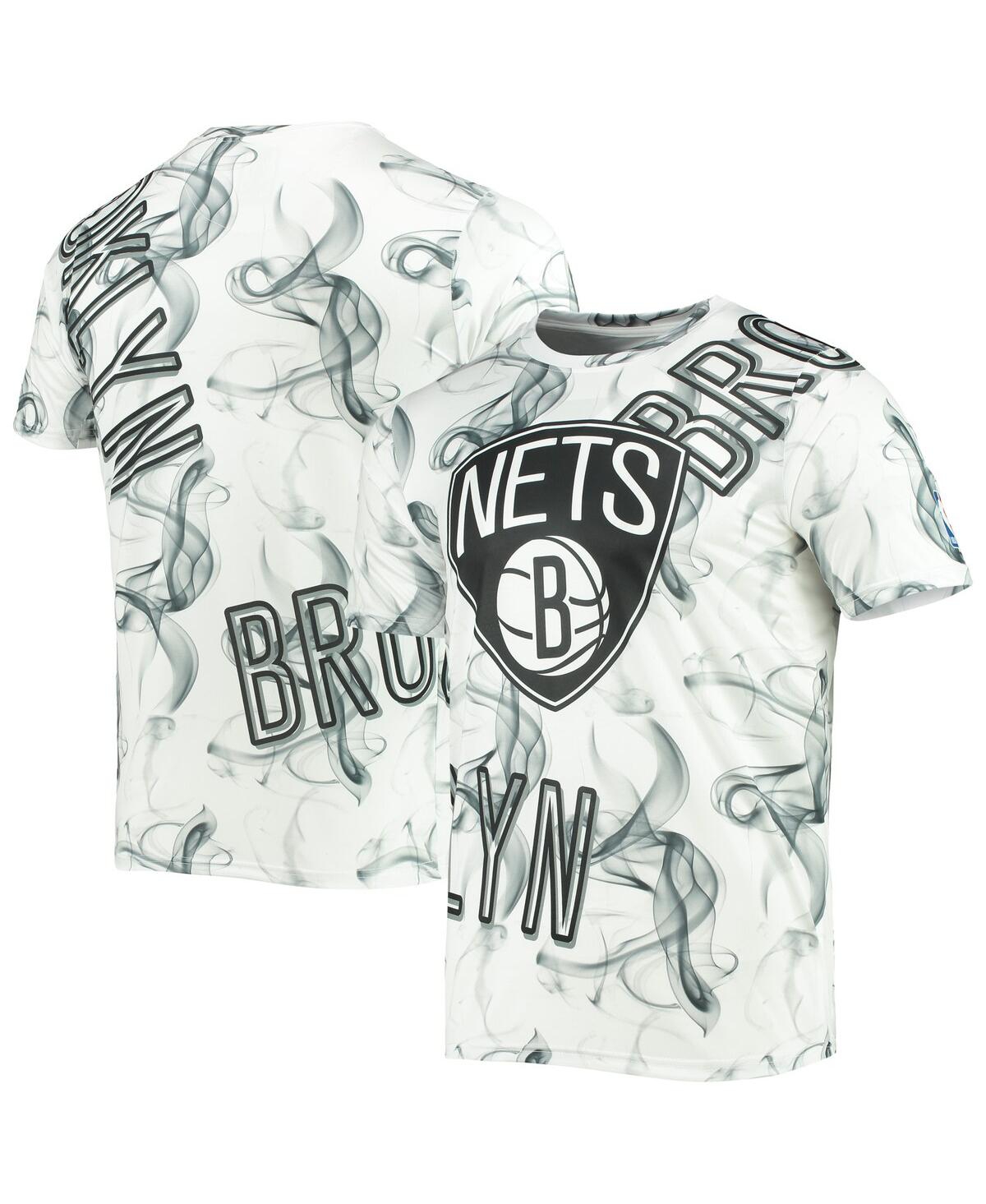 Shop Fisll Men's White, Black Brooklyn Nets Asymmetric Bold Smoke T-shirt In White,black