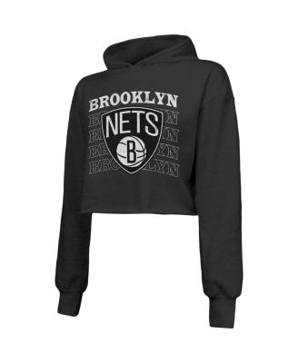 Women's Threads Black Brooklyn Nets Repeat Cropped Tri-Blend Pullover Hoodie