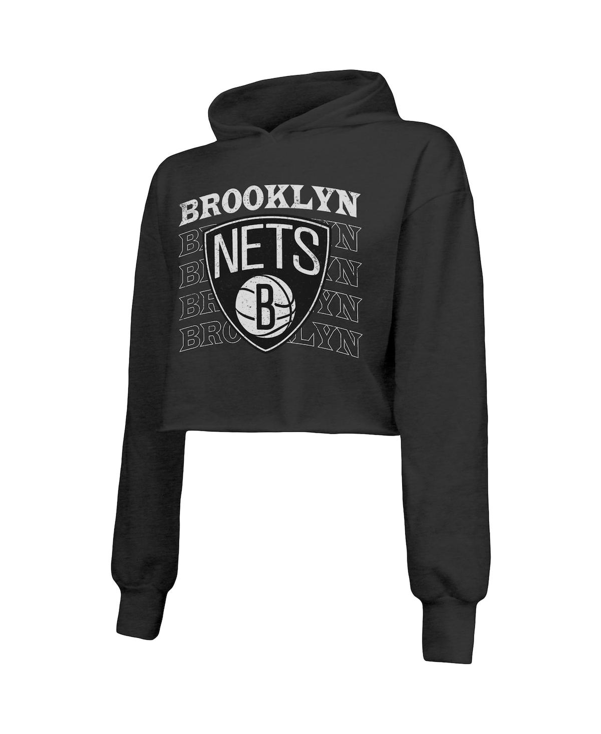 Shop Majestic Women's  Threads Black Brooklyn Nets Repeat Cropped Tri-blend Pullover Hoodie