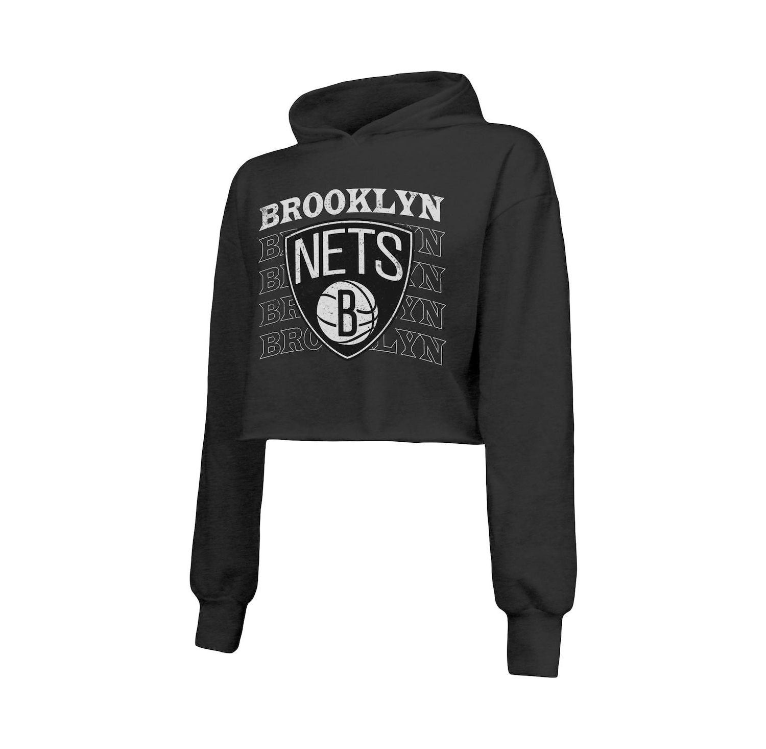 Women's Threads Black Brooklyn Nets Repeat Cropped Tri-Blend Pullover Hoodie