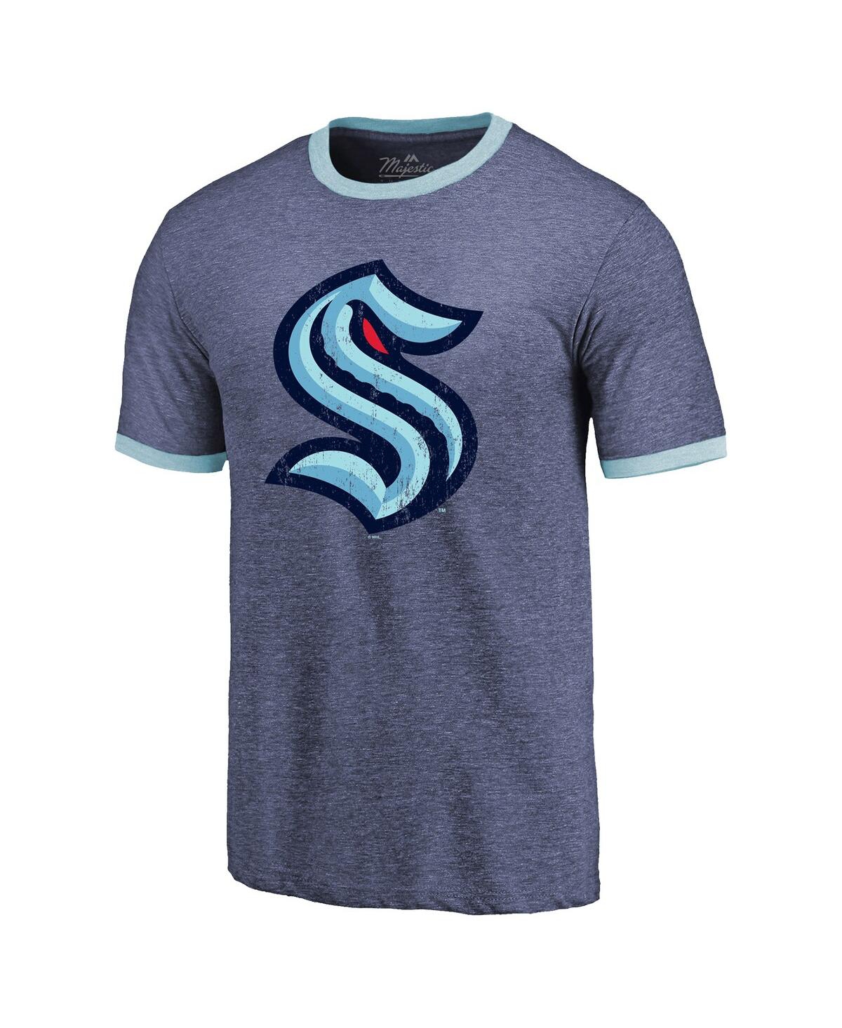 Shop Majestic Men's  Threads Heathered Deep Sea Blue Seattle Kraken Ringer Contrast Tri-blend T-shirt