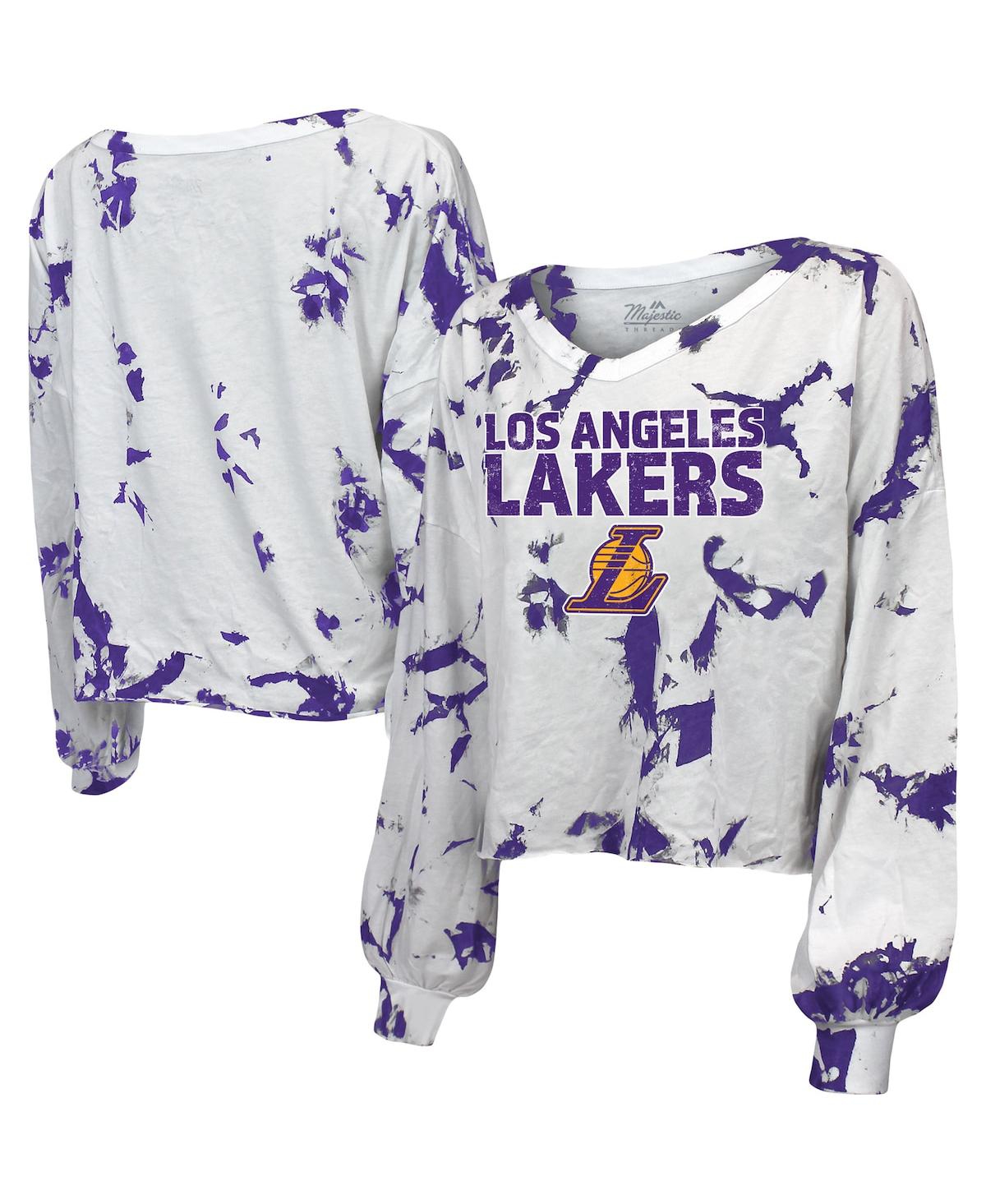 Majestic Women's  Threads White Los Angeles Lakers Aquarius Tie-dye Cropped V-neck Long Sleeve T-shir