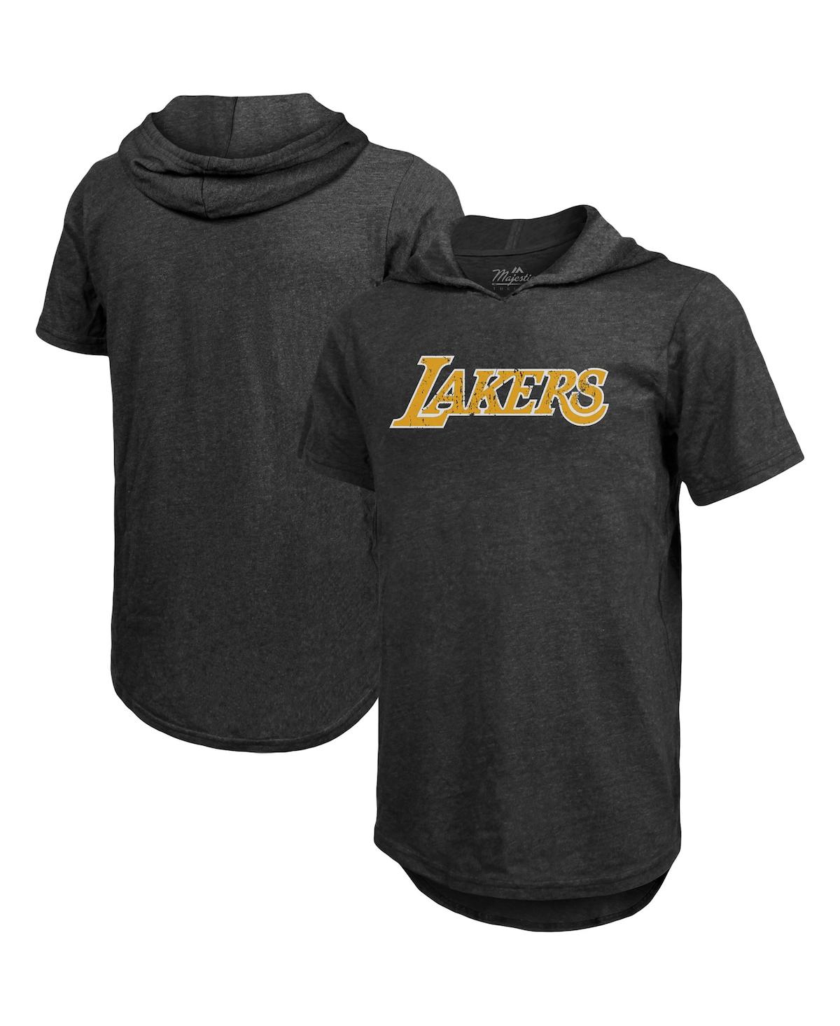 Men's Majestic Threads Heathered Black Los Angeles Lakers Wordmark Tri-Blend Hoodie T-shirt - Heathered Black