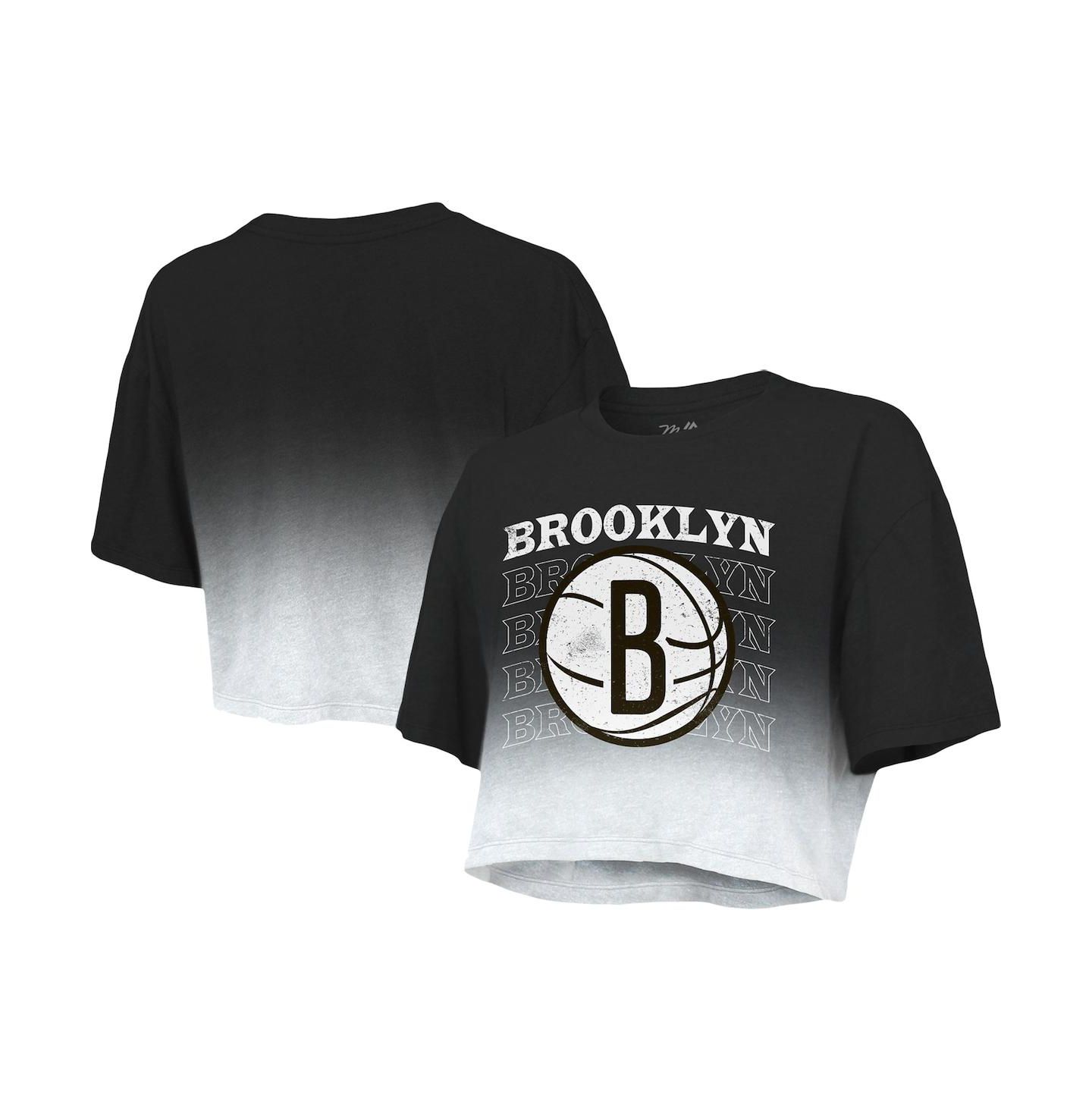 Женская футболка Majestic Threads Black and White Brooklyn Nets Repeat Dip-Dye Cropped — фото 1