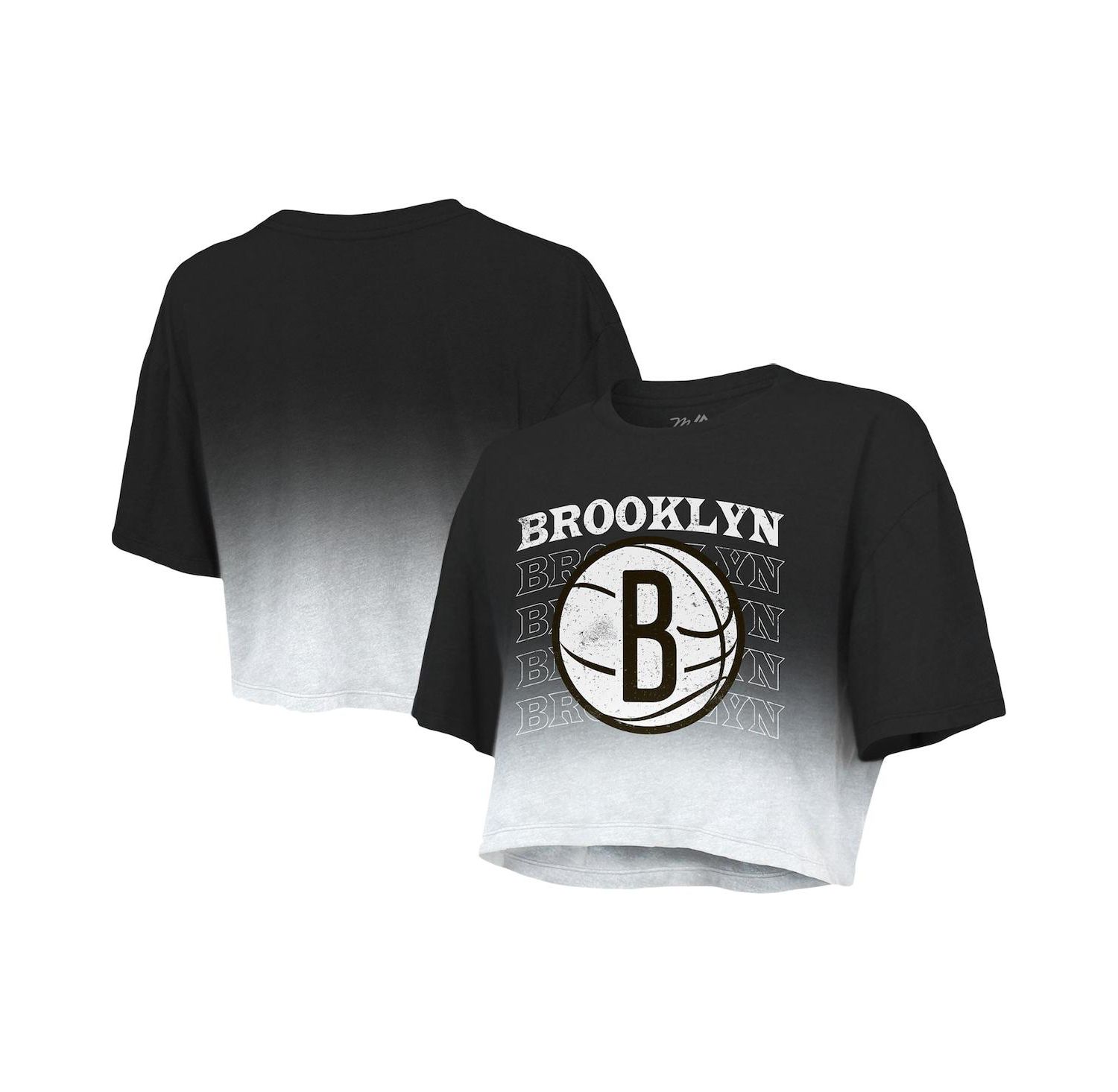 Women's Threads Black and White Brooklyn Nets Repeat Dip-Dye Cropped T-shirt