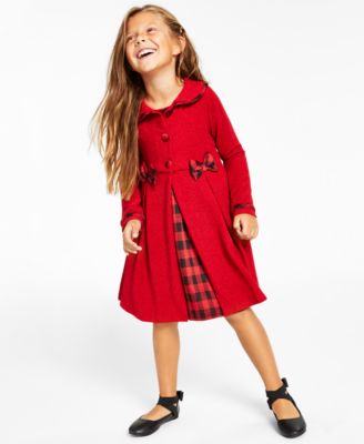 Rare Editions Toddler Girls Knit Coat with Buffalo Check Dress Set