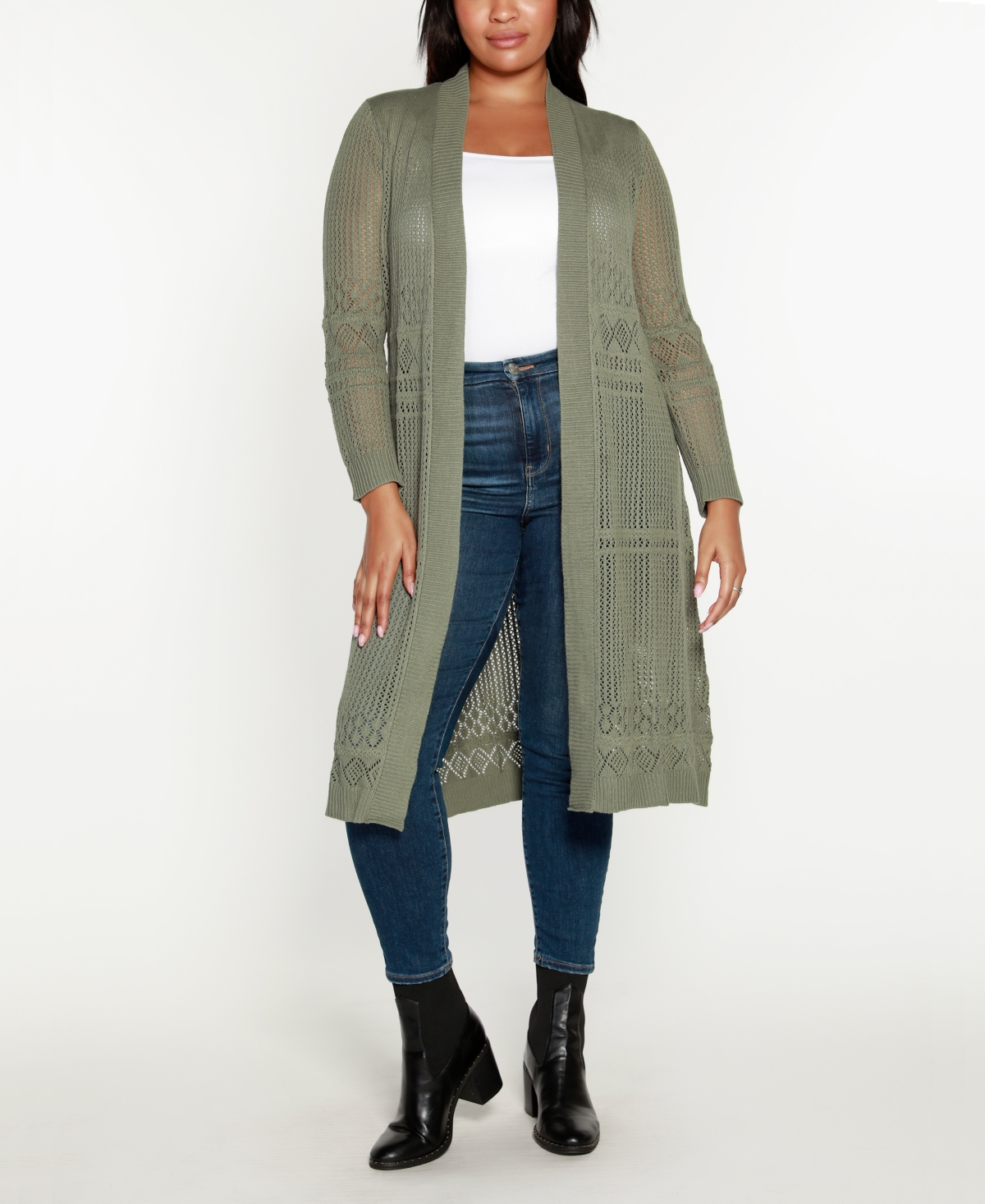 Shop Belldini Plus Size Pointelle-stitch Duster Cardigan In Olive Gray