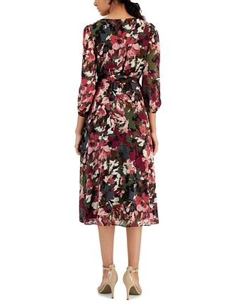 Anne Klein Women's Puff-Sleeve Floral-Print Midi Dress & Reviews ...