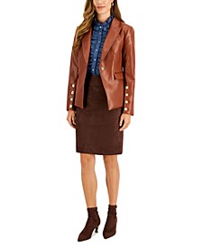 Women's Faux-Leather Button-Sleeve Jacket, Button-Up Shirt & Faux-Suede Skirt
