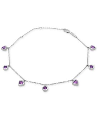 Macy's - Amethyst Heart & Round Bezel Dangle Ankle Bracelet (1 ct. t.w.) in Sterling Silver