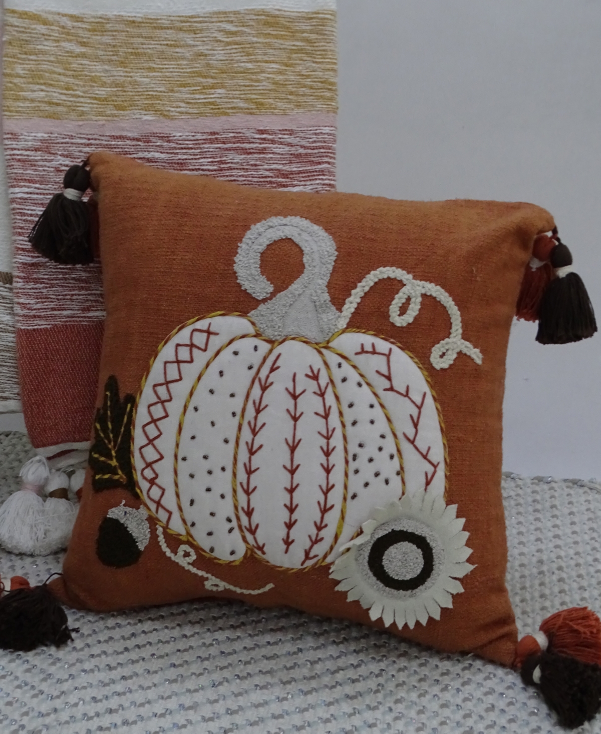 Vibhsa Pumpkin Tassels Harvest Pillow, x - Ivory, Black