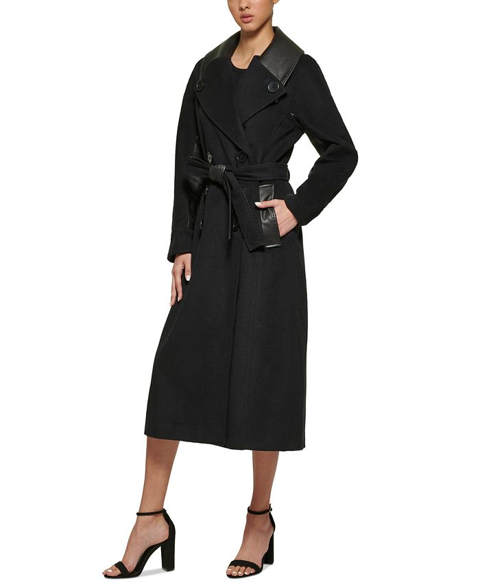 DKNY Women's DoubleBreasted FauxLeatherTrim Belted Coat Macy's