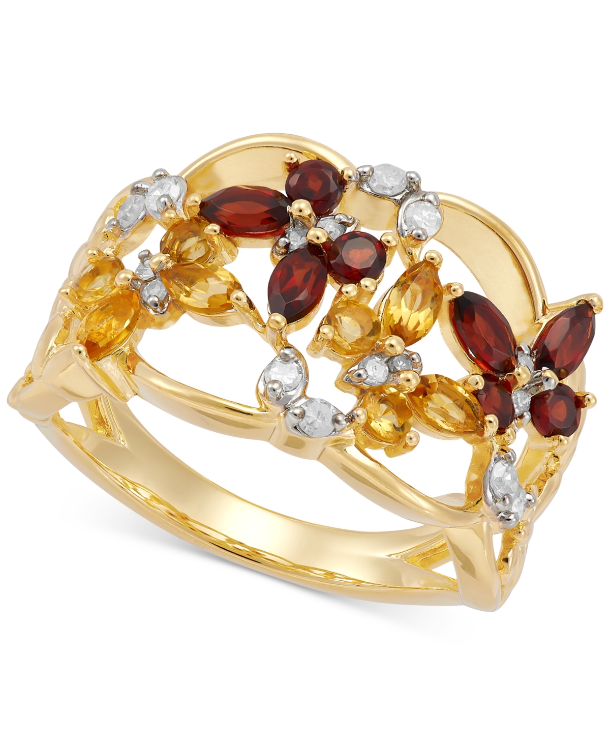 Multi-Gemstone (1-1/5 ct. t.w.) & Diamond (1/6 ct. t.w.) Butterfly Openwork Ring in 14k Gold-Plated Sterling Silver - Citrine and Garnet