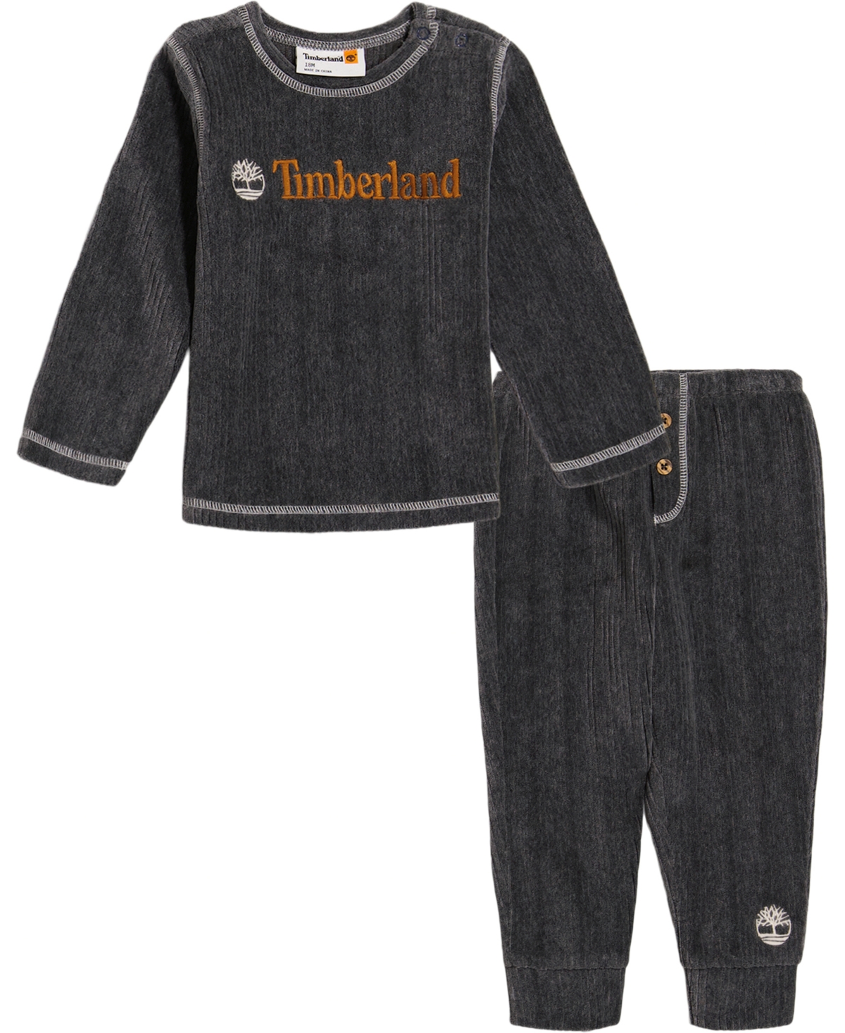 Timberland Baby Boys Textured Velour Logo Top And Joggers, 2 Piece Set In Gray