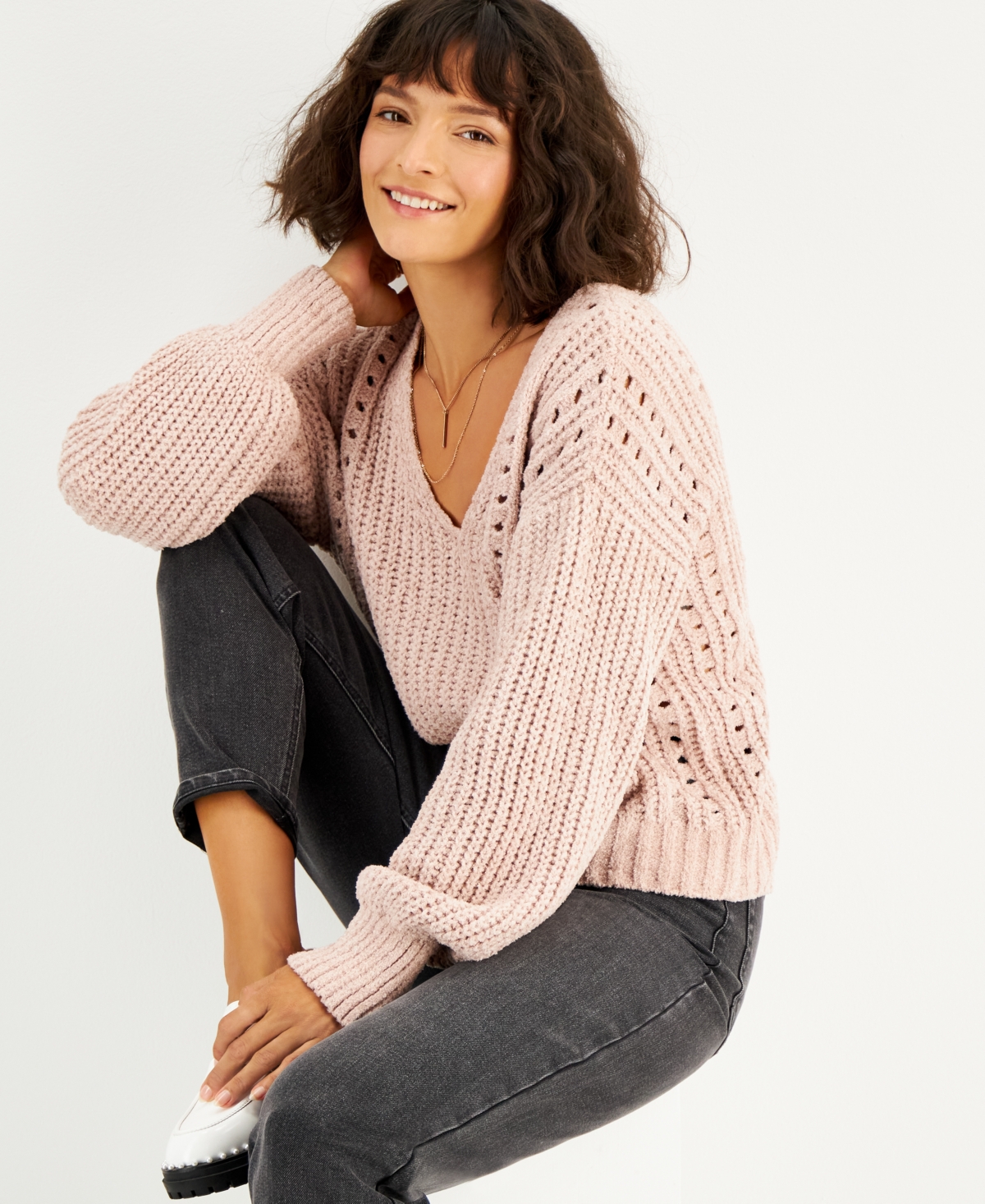 Crave Fame Juniors Chenille Pointelle Sweater Smart Closet