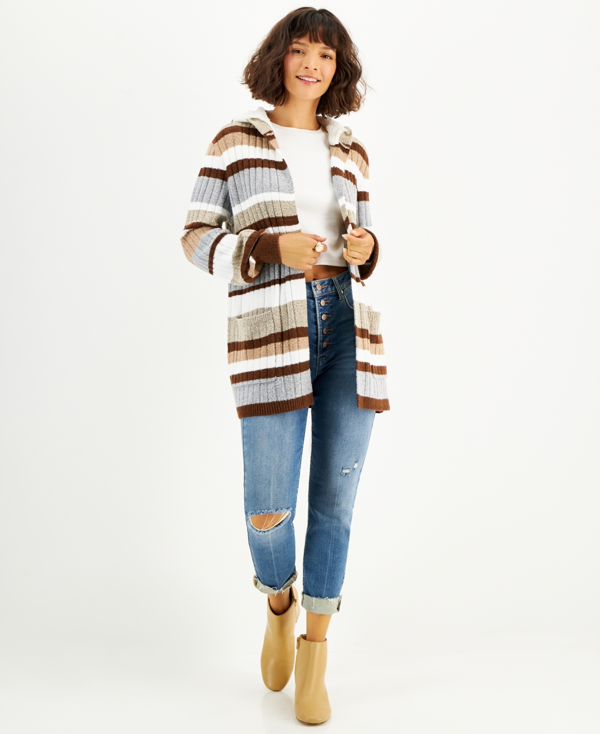 Crave Fame Juniors' Striped Sherpa-Lined Hooded Cardigan
