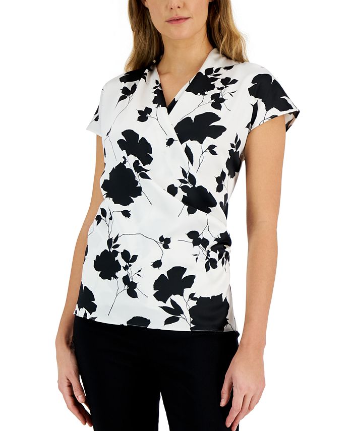 Alfani Womens Floral Print Satin Surplice Front Cap Sleeve Top Created For Macys Macys 