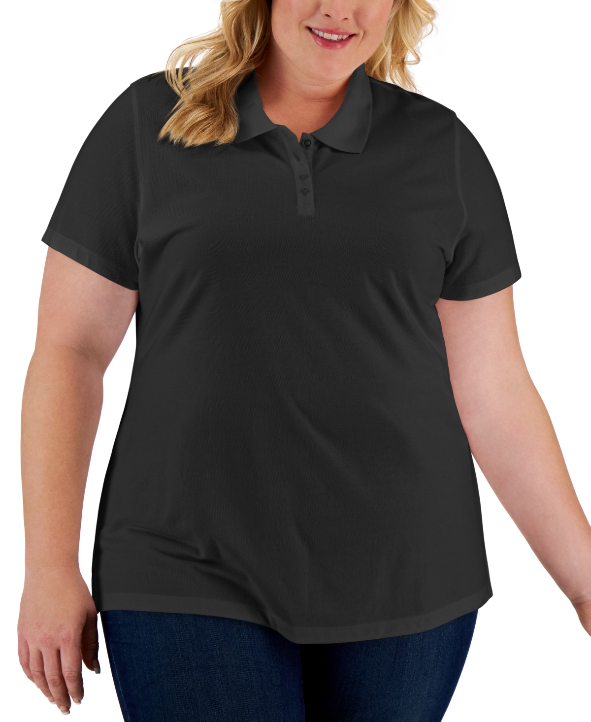 Karen Scott Plus Size Cotton Short-sleeve Polo Shirt, Created For Macy's In Deep Black