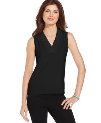Anne Klein Women's Sleeveless Pleated V-Neck Shell Top, XXS
