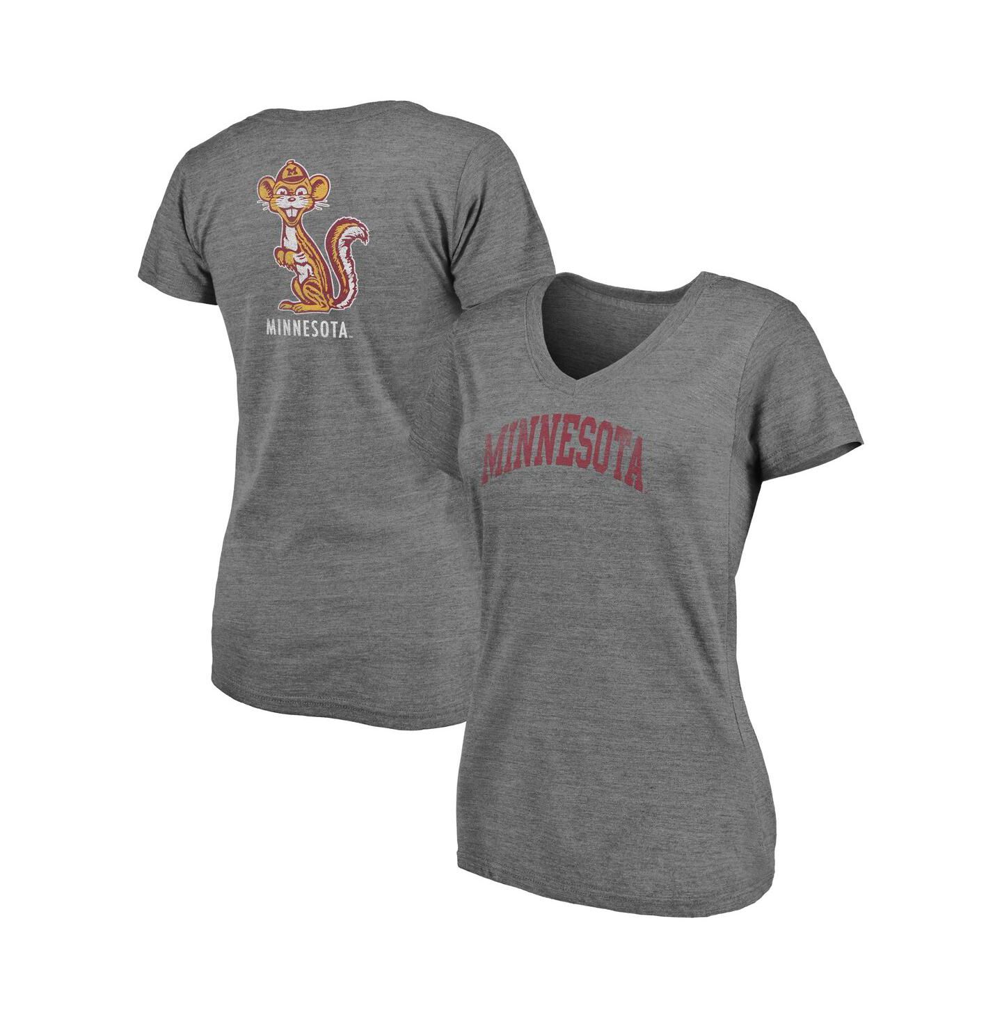 Женская футболка Fanatics Heathered Gray Minnesota Golden Gophers Slab Serif 2-Hit V-Neck Tri-Blend — фото 2