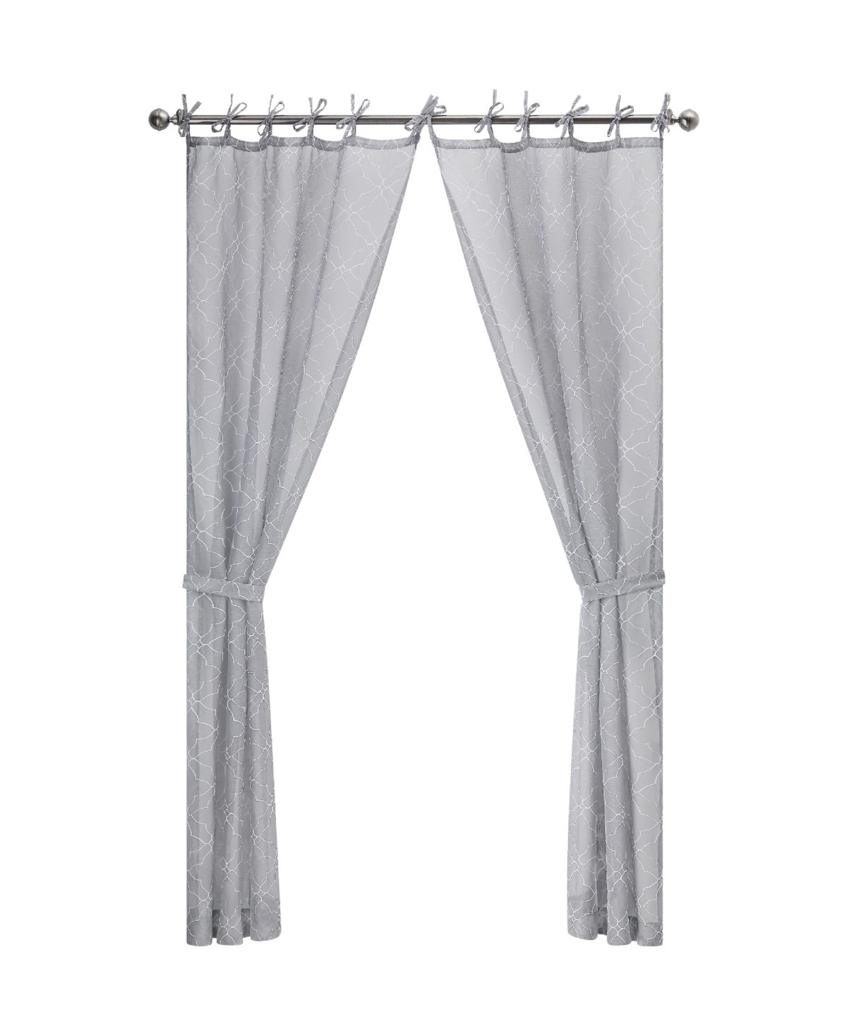 Jessica Simpson Nora Embroidery Sheer Tie Top Window Curtain Panel Pair With Tiebacks, 38" X 96" In Gray