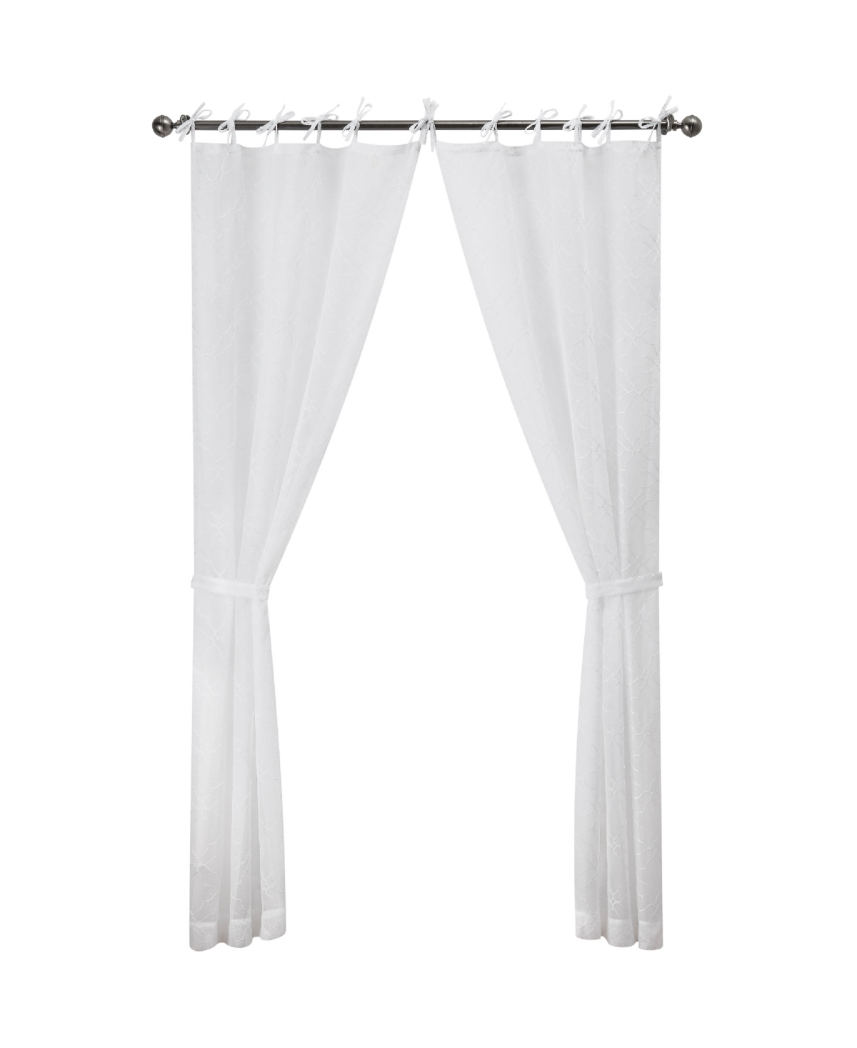 Nora Embroidery Sheer Tie Top Window Curtain Panel Pair with Tiebacks, 38" x 96" - White