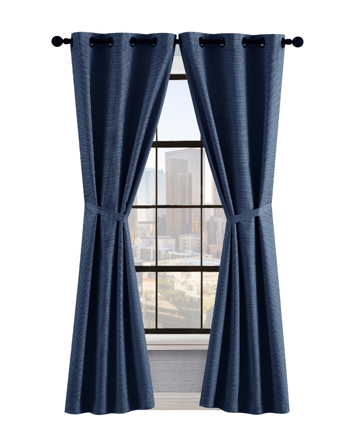 Lucky Brand Finley Textured Blackout Grommet Window Curtain Panel Pair With Tiebacks, 38" X 84" In Indigo Blue