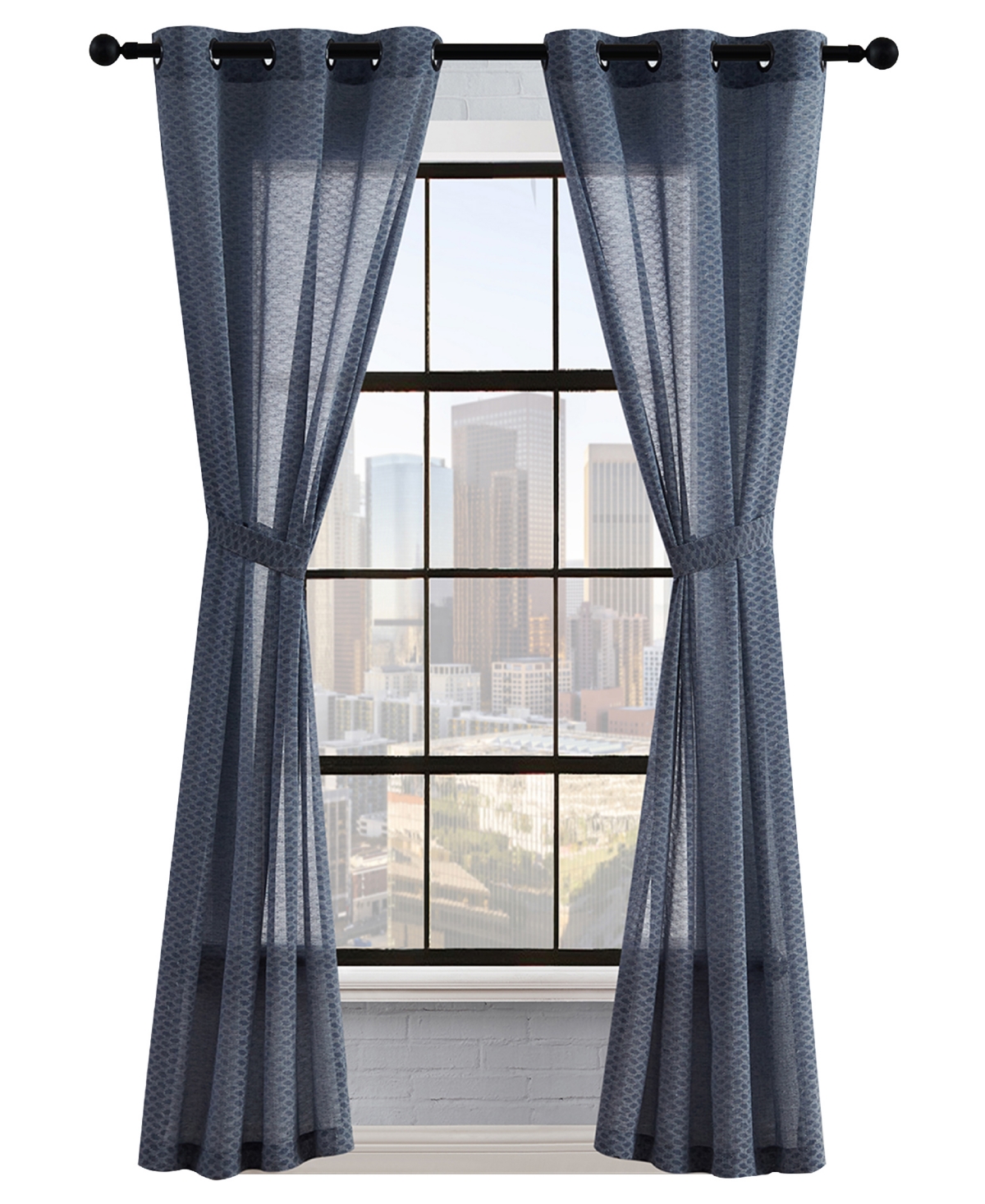 Lucky Brand Larkin Textured Light Filtering Grommet Window Curtain Panel Pair With Tiebacks, 38" X 84" In Denim Blue