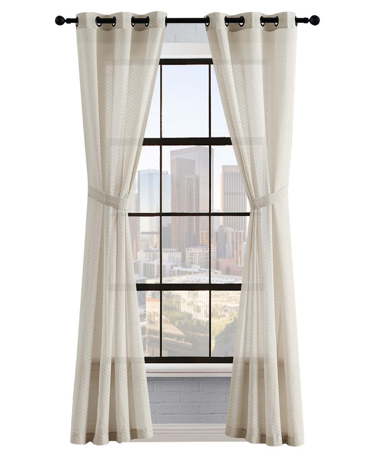 Lucky Brand Larkin Textured Light Filtering Grommet Window Curtain Panel Pair With Tiebacks, 38" X 84" In Linen Beige