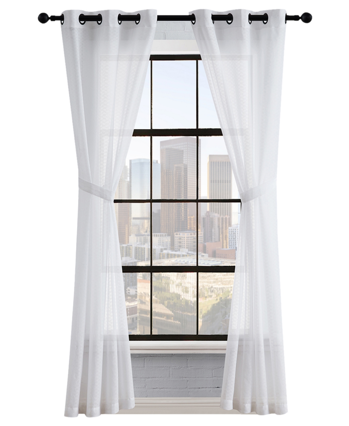Lucky Brand Larkin Textured Light Filtering Grommet Window Curtain Panel Pair With Tiebacks, 38" X 84" In White