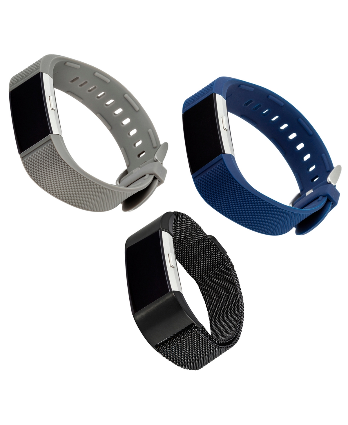 Gray and Blue Woven Silicone Band, Black Stainless Steel Mesh Band Set, 3 Piece Compatible with the Fitbit Charge 2 - Gray, Black, Blue