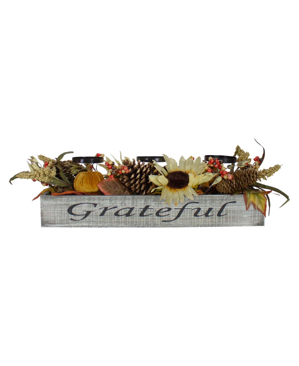 Autumn Harvest Sunflower 3 Piece Candle Holder in a "Grateful" Rustic Wooden Box Centerpiece Set, 30" - Orange