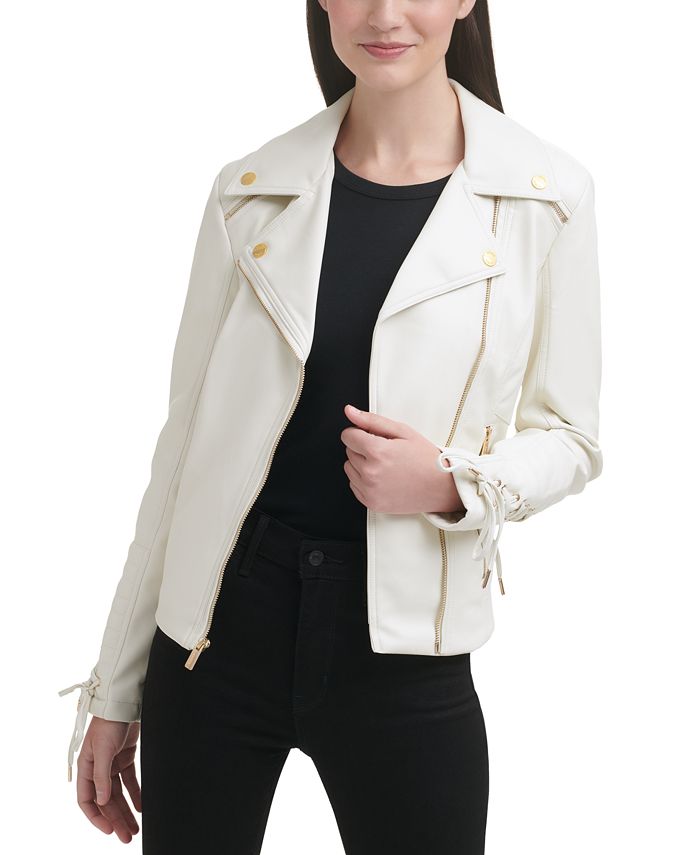 GUESS - Women's Faux-Leather Asymmetric Moto Coat