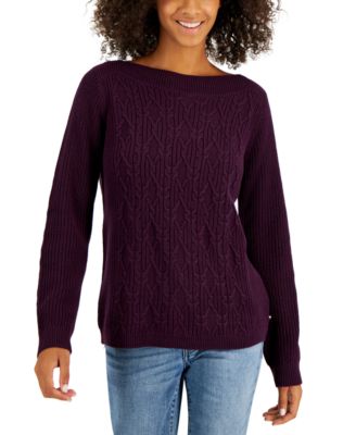 Cotton Boat-Neck Cable Knit Sweater 