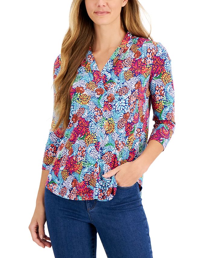 Charter Club Petite Jungle Ditsy V-Neck Top, Created for Macy's - Macy's