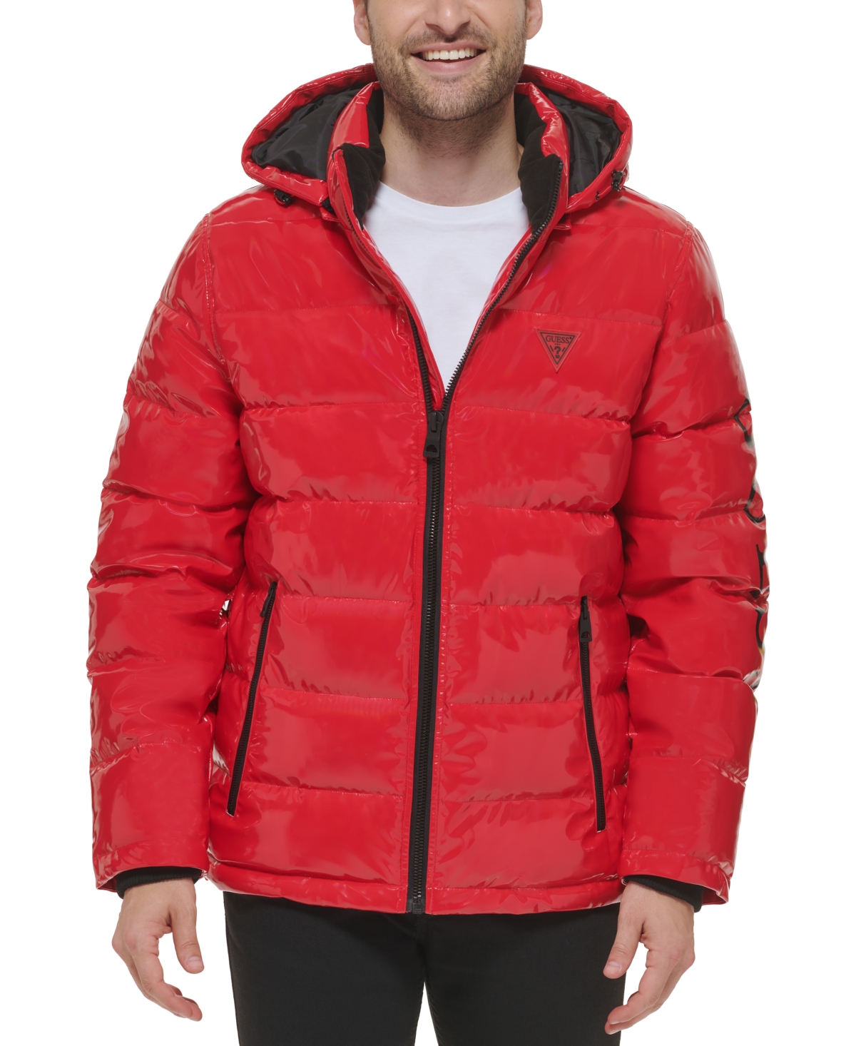 Guess Men's Holographic Hooded Puffer Jacket In Red