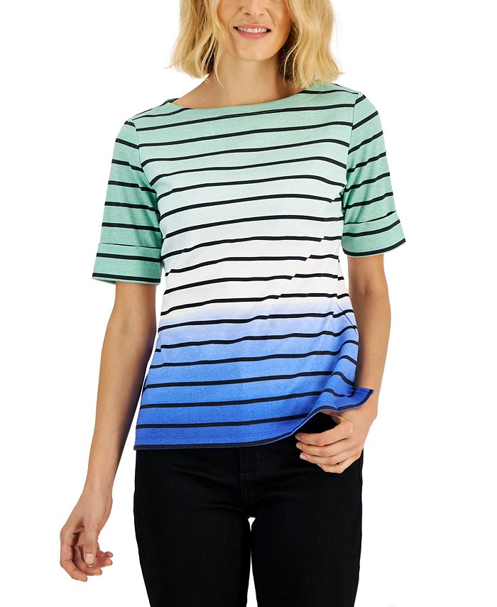 KAREN SCOTT SPORT Womens Blue Striped 3/4 Sleeve Jewel Neck T-Shirt L