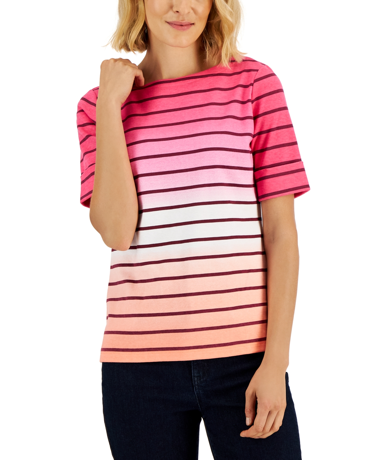 Women's Striped Ombre Short-Sleeve Top, Created for Macy's - Steel Rose