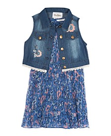 Toddler Girls Pleated Printed A-Line Dress with Denim Vest Set, 2 Piece