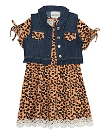 Little Girls Animal Print Short Sleeve Dress with Denim Vest Set, 2 Piece