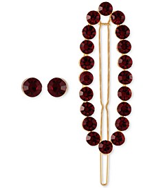 Gold-Tone Red Crystal Stud Earrings & Oval Hair Barrette Set