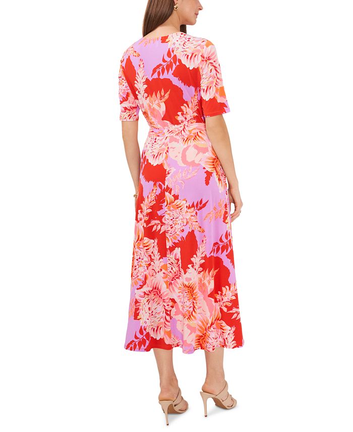 MSK Women's Floral-Print Tie-Waist Elbow-Sleeve Dress - Macy's