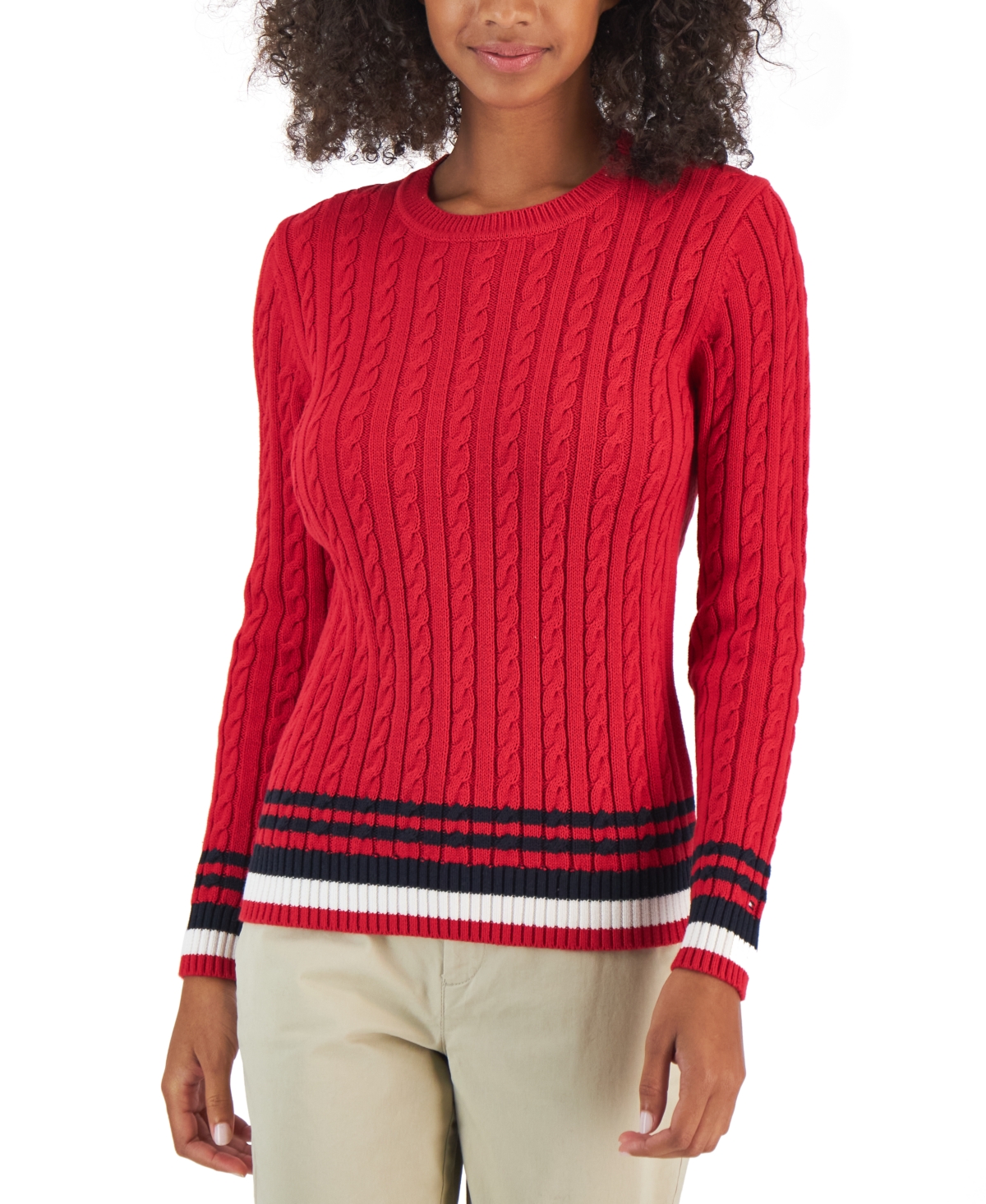 Tommy Hilfiger Women's Cotton Cable-Knit Tipped Sleeve Sweater