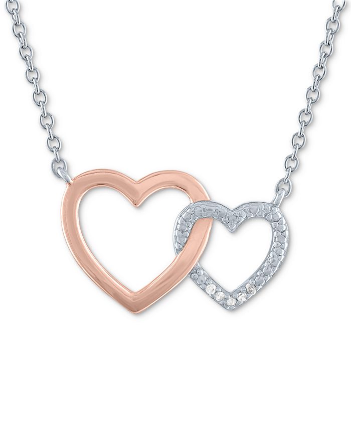 Diamond Accent Double Heart Pendant Necklace in Sterling Silver & 14k Rose  Gold-Plate, 16 + 2 extender