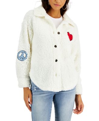 Crave Fame Juniors' Patch-Trimmed Button-Up Sherpa Shacket