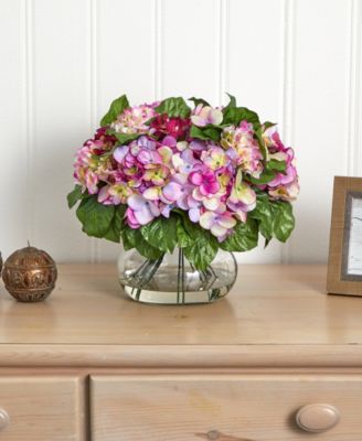 Dark Pink Hydrangea Artificial Arrangement with Large Glass Vase