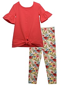 Little Girls Three Quarter Bell Sleeved Tie Bottom Top to Coordinating Floral Printed Legging, 2 Piece Set