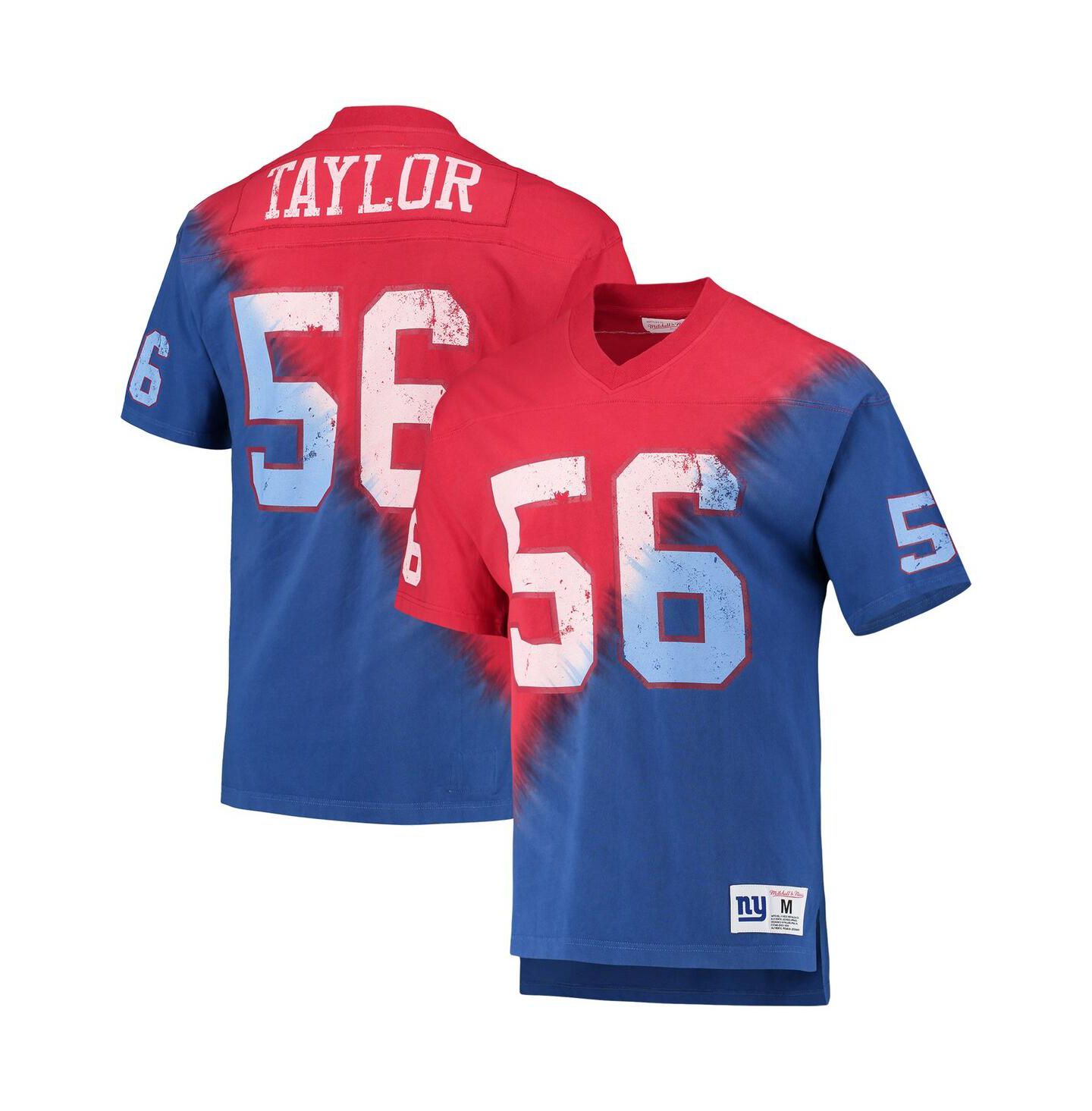 Мужская футболка Mitchell & Ness Lawrence Taylor Red, Royal New York Giants Retired Player Name and Number Diagonal Tie-Dye V-Neck — фото 2