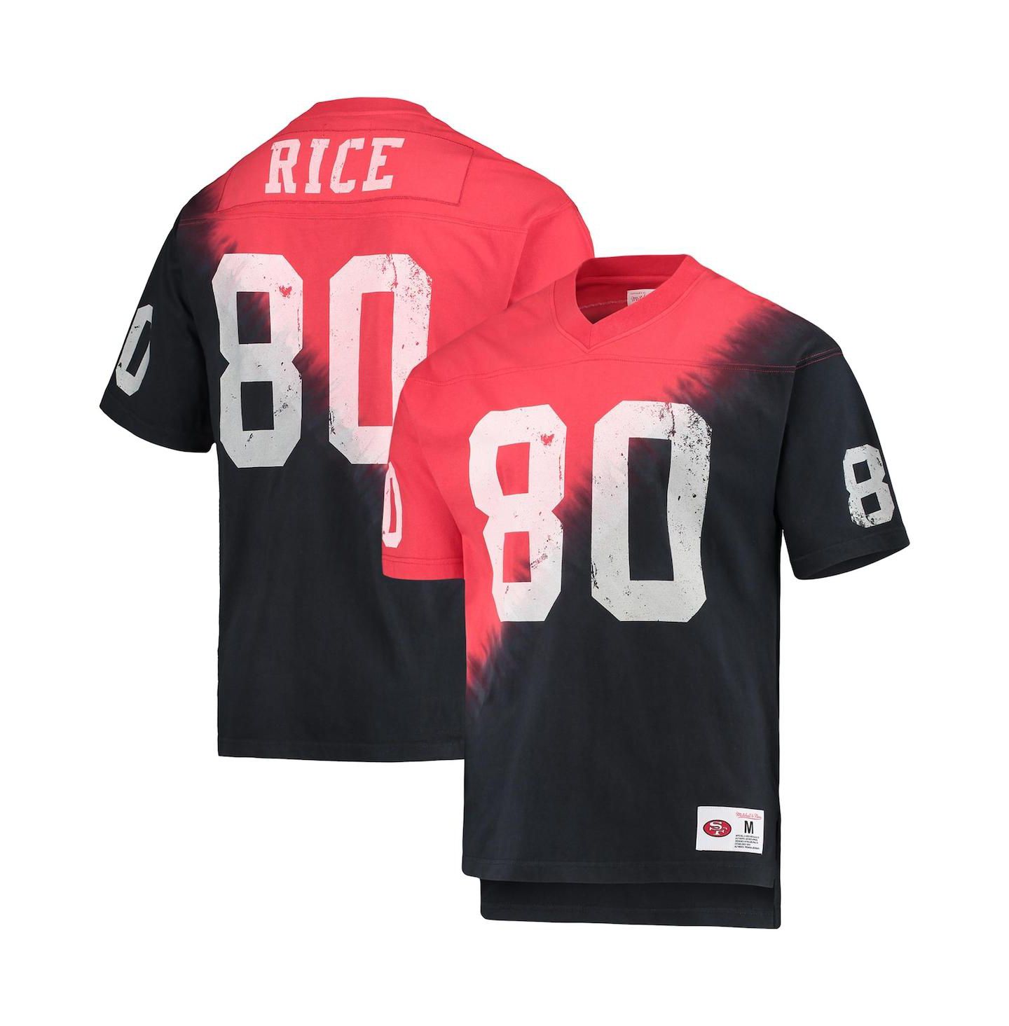 Мужская футболка Mitchell & Ness Jerry Rice Black, Red San Francisco 49ers Retired Player Name and Number Diagonal Tie-Dye V-Neck — фото 2