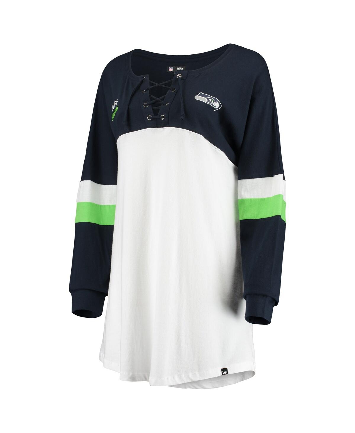 Shop New Era Women's  White, College Navy Seattle Seahawks Athletic Varsity Lace-up V-neck Long Sleeve T-s In White,college Navy